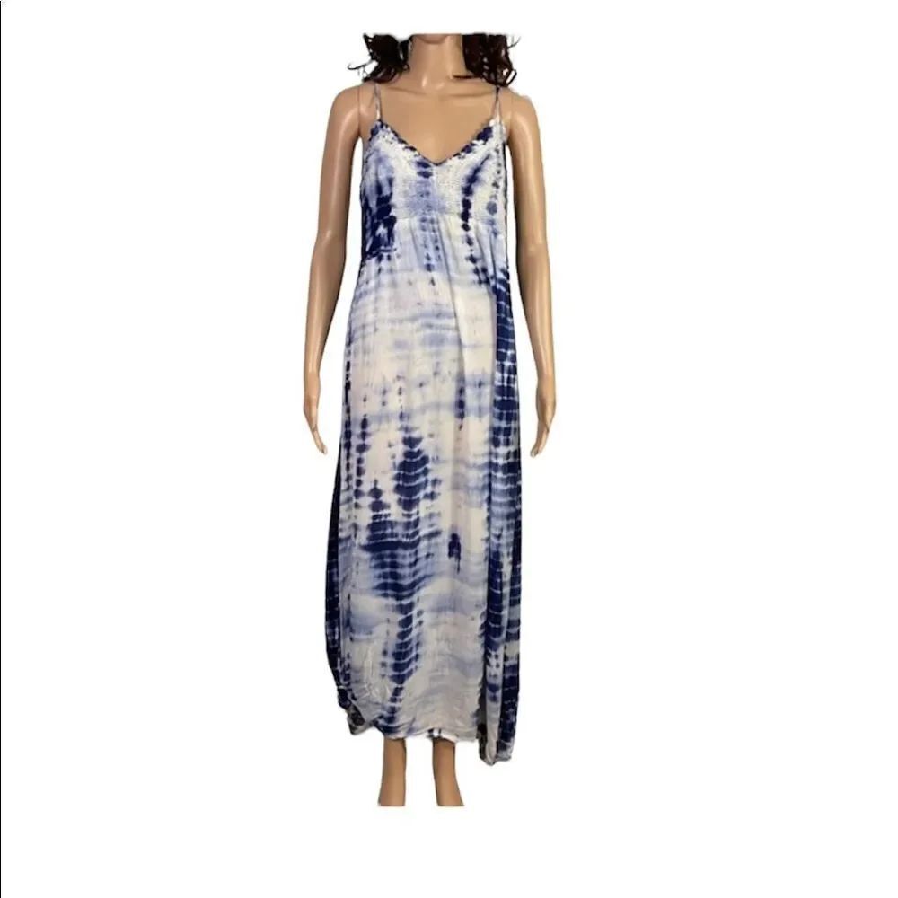 Beach by Exist Blue White Tie Dye Print Crochet V-Neck Maxi Coverup Dress XL